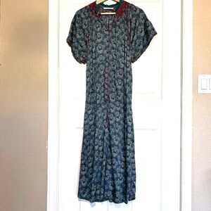 NATURAL LIFE Blue Paisley Midi Maxi Dress Slit Boho Hippie Tie Neck Sz L Modal